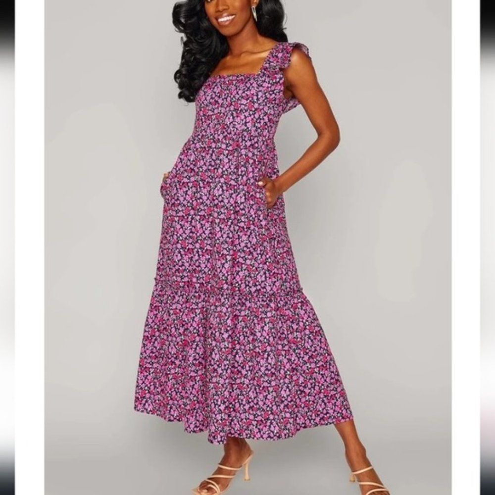 Buddy Love Anastasia Ruffle Shoulder Maxi black pink rosette Dress Small